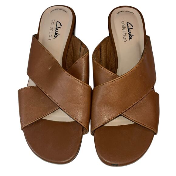 Clarks Collection Mules Criss Cross Leather Block Heel Slides‎ Brown Size - Picture 1 of 6